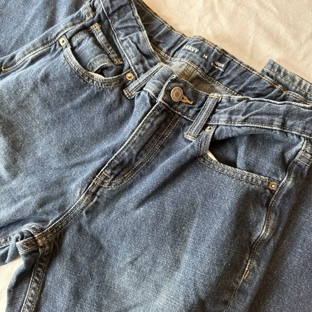 Old Navy Loose Straight Leg Jeans Boys‎ Size 14 Reg Blue Denim Adjustable Waist